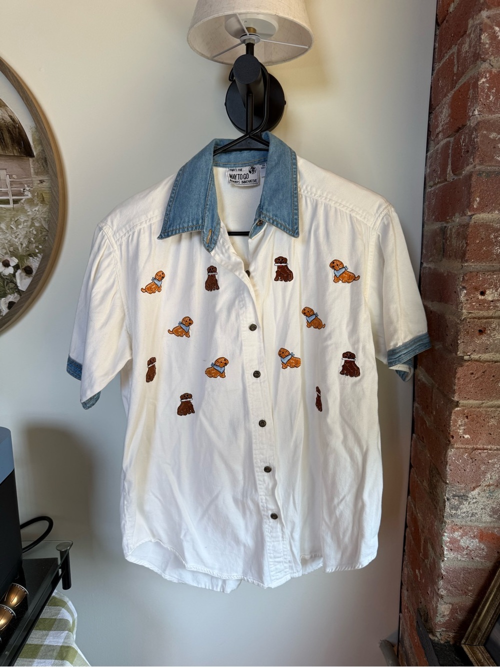 Vintage White Button-Up Shirt with Denim Collar and Puppy Embroidery